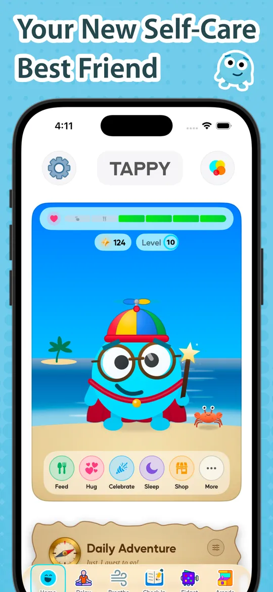 Your new self-care best friend: Tappy on the beach wearing a propeller hat, glasses, and cape