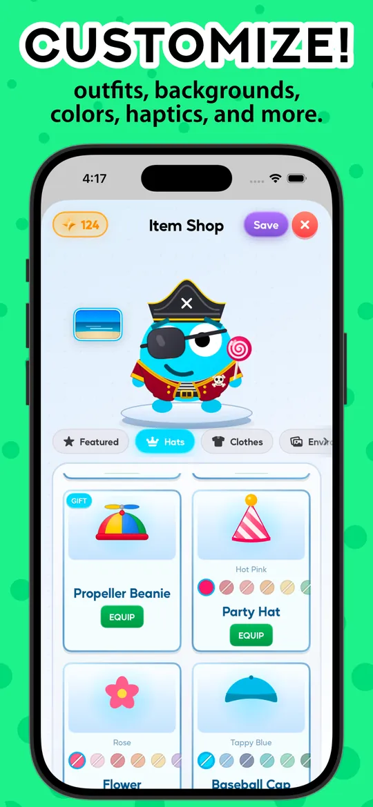 Customize Tappy with outfits, backgrounds, colors, and haptics
