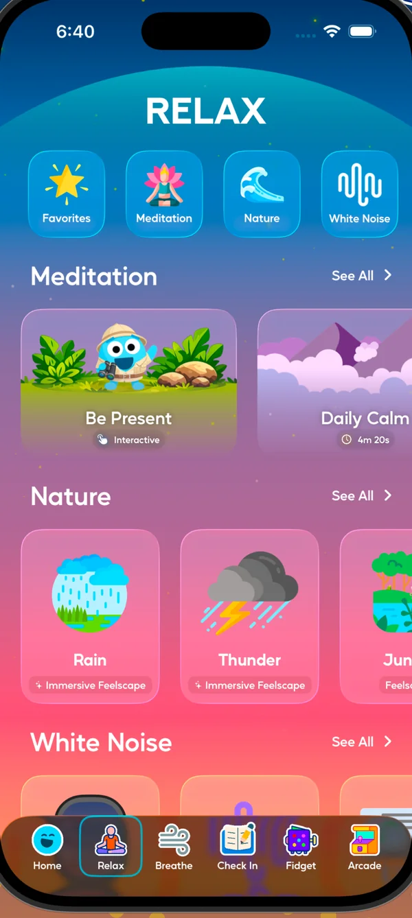 Tappy Relax screen with meditations, nature Feelscapes, and white noise