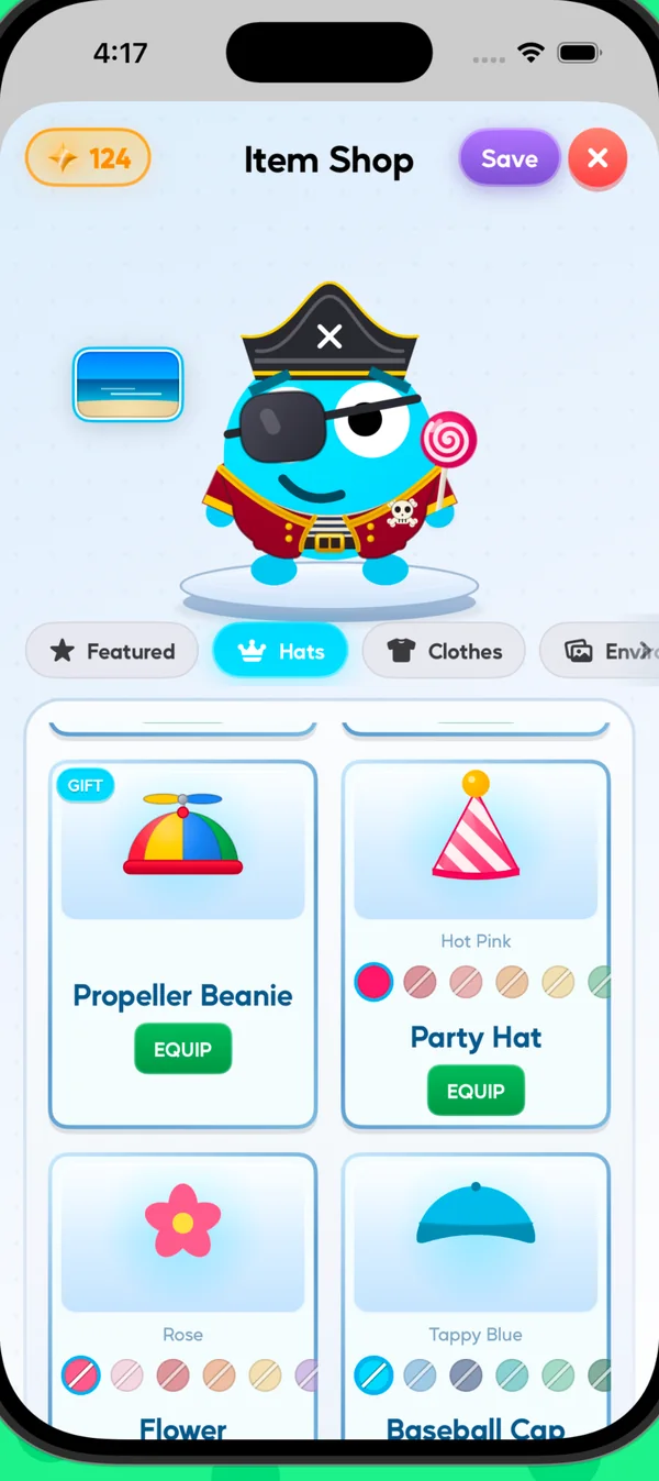 The Tappy Item Shop showing Tappy dressed as a pirate with hats to equip